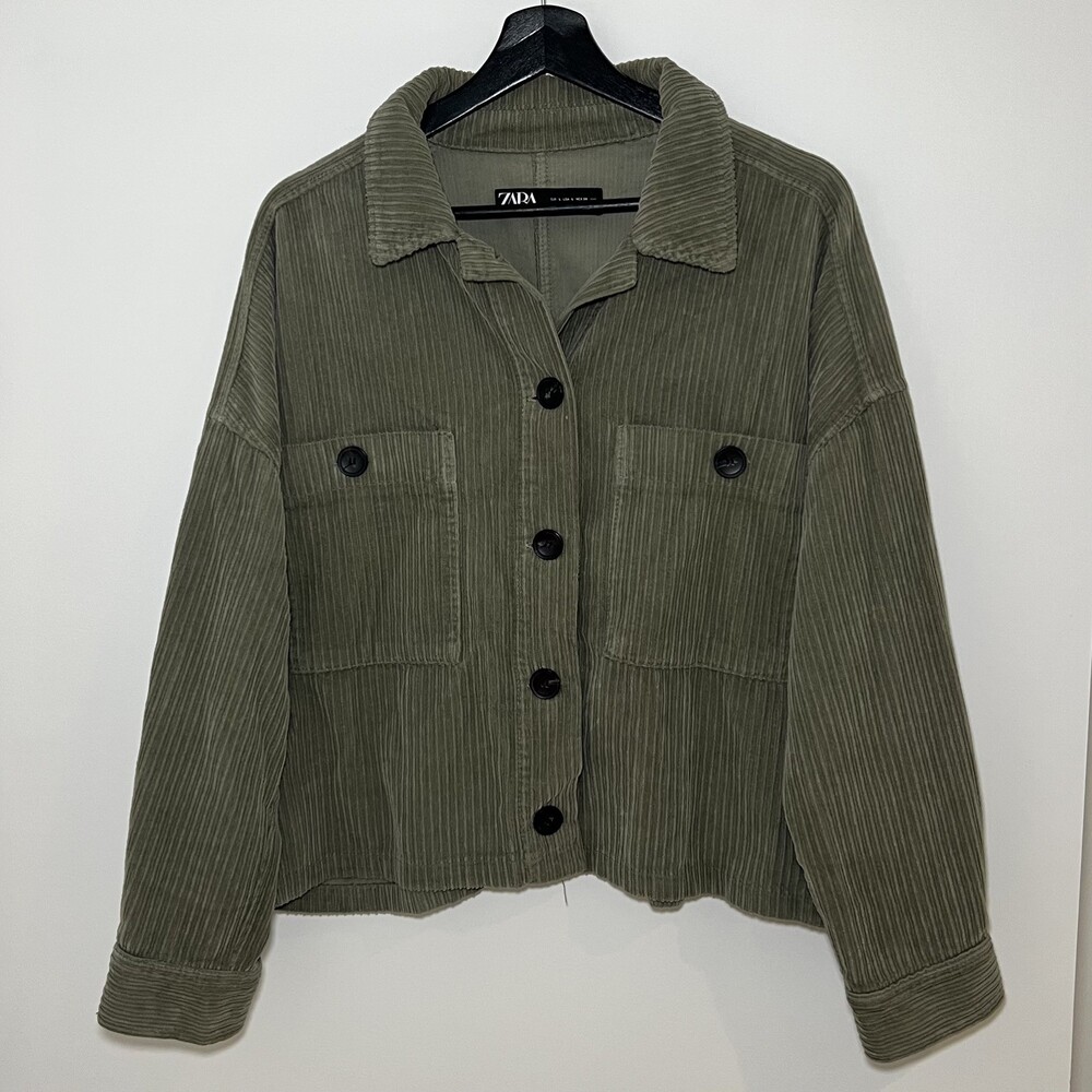 Zara Green Corduroy Long Sleeve Collared Button Up Shirt Jacket Oversized Large